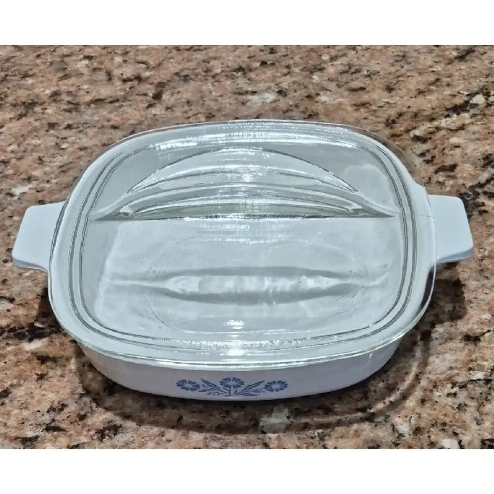 Corning Ware P-7-B White Baking Casserole with Blue Cornflower and Glass Lid